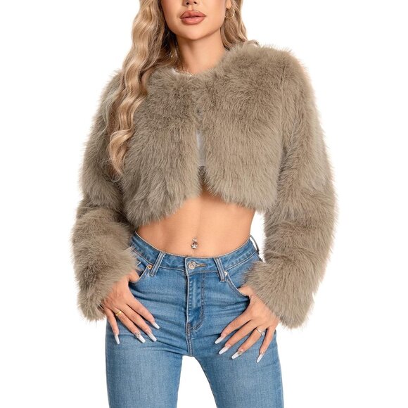 Women Khaki Cropped Fur Coat for Faux Furry Long Sleeve Cropped Fluffy Jacket - Picture 1 of 6